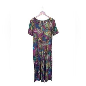 Vintage 80s Botancial Abstract short Sleeve Wide Leg Rayon Jumpsuit Sz 8 Whimsy